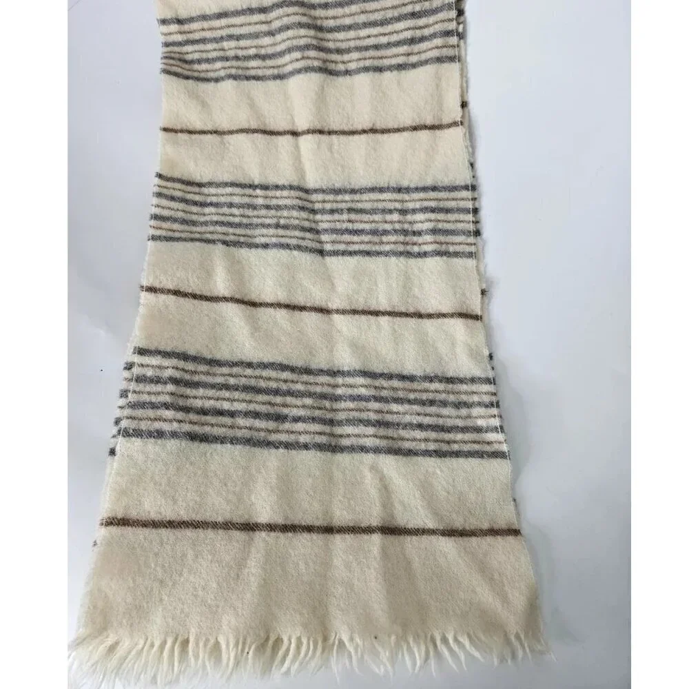 Vintage Bermans 100% Lambswool Scarf With Fringe Cream Striped Design